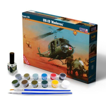 KIT PARA MONTAR MISTER CRAFT BELL UH-1D "MEDEVAC" 1/72 COMPLETO COM TINTAS COLA E PINCEIS MIS SD-80